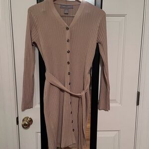Tan Ribbed Button-Down Dress